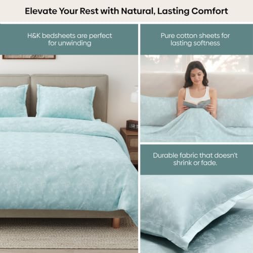 Image of Haus & Kinder King Size Bedsheet for Double Bed with 2 Pillow Covers 108 Inch x 108 Inch| Premium Soft & Silky Pure Cotton 300 TC Flat King Bedsheet | Ashen Blossom Mint