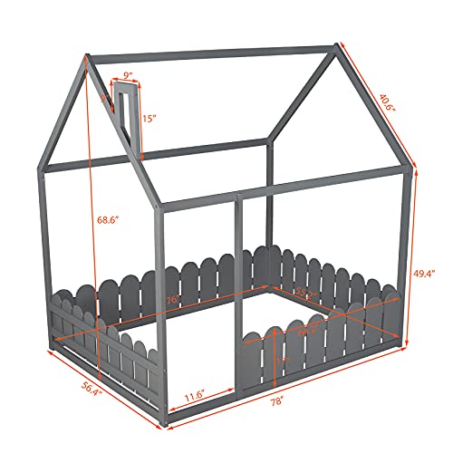 Kids House Beds, Full Floor Bed With Fence Wood Cabin Bed Frame Can Be Decorated For Teens, Girls, Boys, Adults, Gray #TOP5