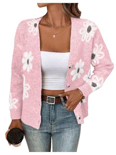 SHENHE Women's Floral Print Button Down Cardigan V Neck Drop Shoulder Knit Outerwear