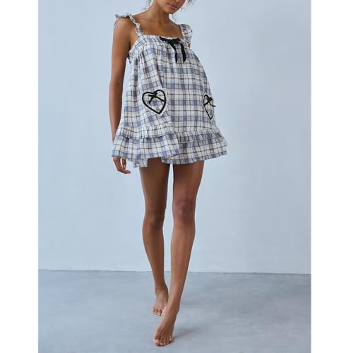 Image of HOXIJIA Women Cute Floral Printed Mini Dress Sleeveless Bow Front Loose Ruffled Short Dress Summer Gingham Babydoll One Piece