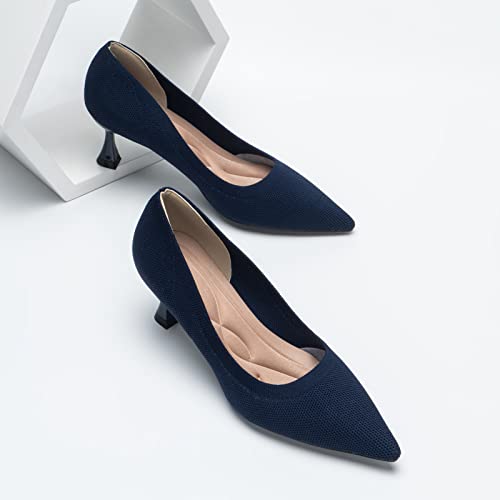 Yeojou Dress Shoes For Women High Heels Closed Toe Pointed Toe Kitten Heels Knitted 2.36 Inch Heels For Women Shoes For Women Dressy Low Heel Comfortable Heels Dark Blue Pumps For Women #TOP4