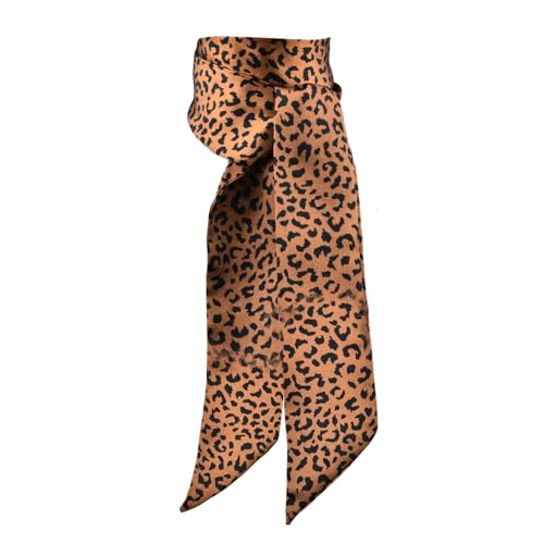 Leopard Print Skinny Tie for Women Hair Scarf Headband Leopard Silk Neck Scarf for Purse Bag Brown Long Thin Neckerchief Belt Slim Headband Long Head Scarfs