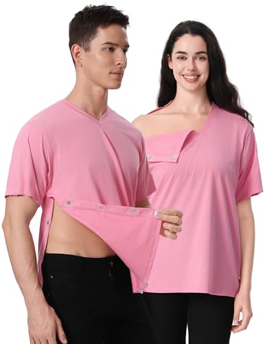 Image of Magnetic Buttons Post Shoulder Surgery Recovery Shirt for Men V-Neck Tear Away Adaptive Chemo Port Clothing for Women