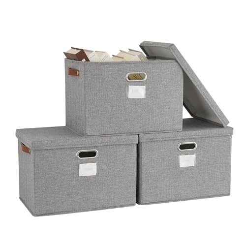 Bagnizer 3PCS Aufbewahrungsbox mit Deckel Faltbare Aufbewahrungsbox Stoff mit 4 Griffen Stapelbare Aufbewahrungsbox mit Deckel groß Aufbewahrungsboxen für Kleiderschränke und Regale Grau 43x30x30cm