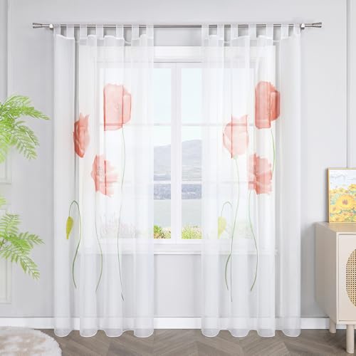 SCHOAL Gardinen mit Schlaufen Transparente Vorhänge Voile Gardinenschal Modern Blumen Muster 1 Stück BxH 150x225cm Rot
