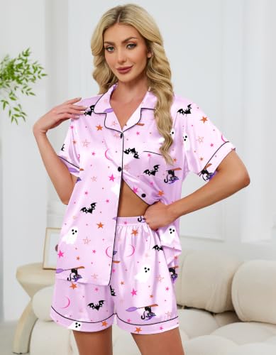 Image of Schbbbta Women Pajamas Set, 2 Pieces Satin Silk Button Down Pjs Short Sleeve Outfits Loungewear