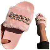 T- Hausschuhe Damen Schlappen Sandalen mit Kunstfell Fell Chain Sandalen Pantoffel-Flipflops Pantoletten Sommer Flaumiger Slipper Slippers Shoes rutschfeste Pantoffeln Outdoor/Indoor (Pink, 37)