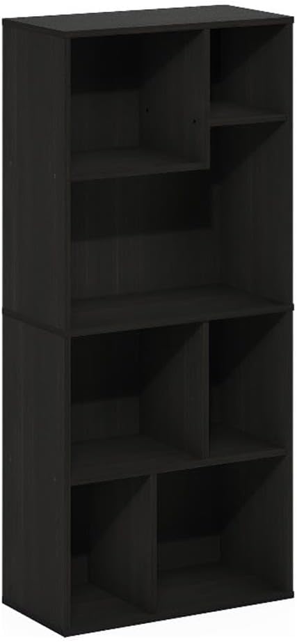 Pemberly Row 7-Cube Storage Bookcase, Amber Pine Finish, Irregular Asymmetrical Design, Composite Wood, 18.9 W x 9.45 D x 42.13 H in, Versatile Vertical or Horizontal Shelf for Modern Home or Office