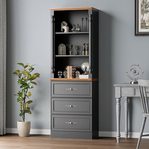 jmhdyg Bookshelf with Drawers, 71" Tall Wood Bookcase with Adjustable Shelf, 24" Wide Book Shelf, Floor Standing Display Storage Cabinet for Home Office, Study and Living Room, Antique Black