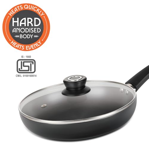 Image of Borosil 1.7 L (24 cm) Hard Anodized Fry Pan with Glass Lid | Aluminium Grade 3003 | Glossy Exterior & Matt Interior | Even Heat Distribution | Easy to Clean | 1 Year Warranty