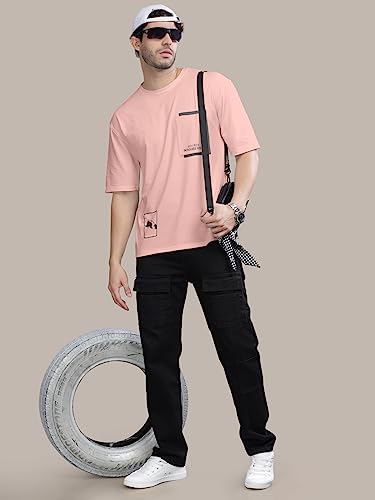 Image of BULLMER Peach Trendy Front Printed oversized Round Neck T-shirt for men