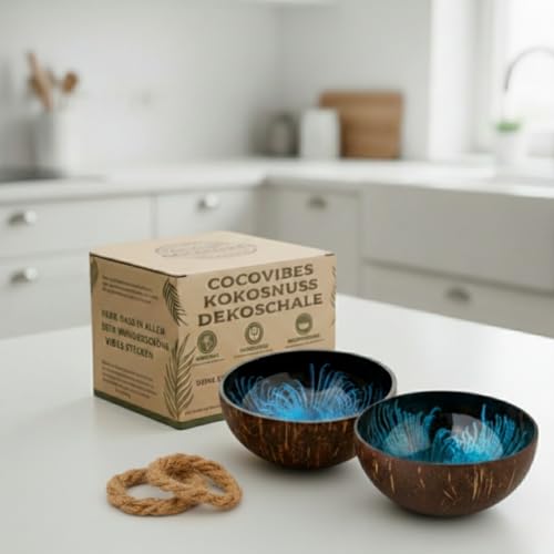cocovibes Kokosnuss Schalen 2er-Set Deko Flur Holzschale Schlüsselablage Schmuckschale 13 cm, blau-schwarz