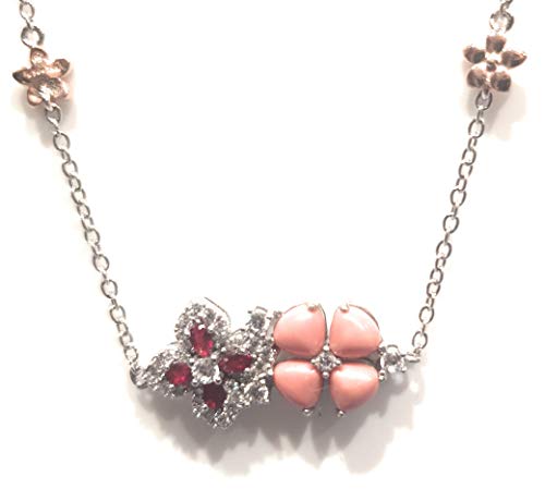 Collier pendentif en argent 925 rhodié fleur rouge et oxyde de zirconium pour femme