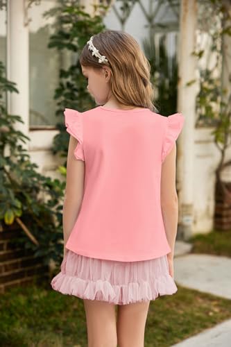 Image of Flypigs Girls T Shirts Ruffle Shrit Plain Blank Tank Tops Short Sleeve Cotton Tshirts Basic Blouse 3T-10Years