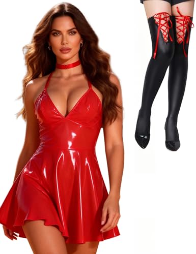 Robe cuir verni sexy femme hot club libertine rouge grande taille XL avec bas