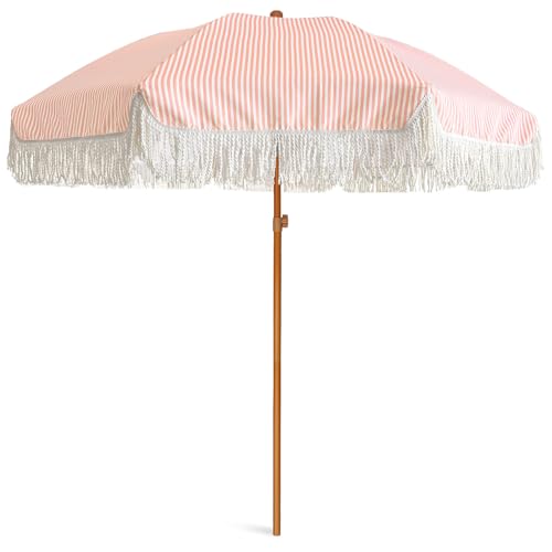 Image of AMMSUN 7ft Patio Umbrella with Fringe Outdoor Tassel Umbrella UPF50+ Premium Steel Pole and Ribs Push Button Tilt, Pink Stripe