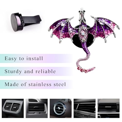Image of 2PCS Bling Wyvern Car Air Freshener Vent Clips, Alloy Enamel Dragon Auto Outlet Clips with Fragrance Tablets, Refillable Cute Flying Dragon Crystal Vent Clip Aroma Diffuser (Purple)