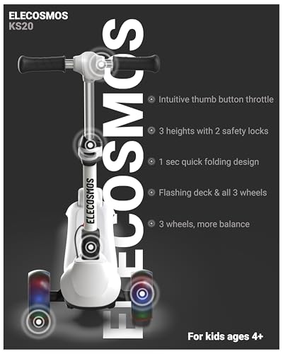 ELECOSMOS Safe Electric Scooter for Kids 4+, Balance for Beginner, Thumb Throttle, Flash Deck, Extra Wide Light Up Big Wheels, Adjustable Heights, 5 MPH Safe Speed, UL2272 Certified