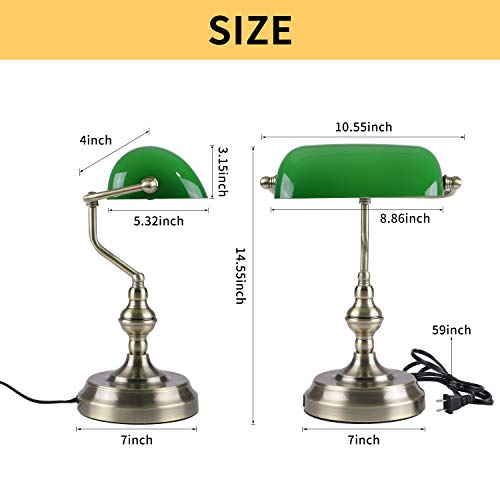 Liylan Green Glass Desk Banker's Lamp Touch Control, 3 Way Dimmable Nightstand Table Light With Usb Charging Port, Antique Brass #TOP4