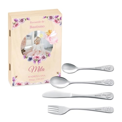 Maverton Cubertería Infantil Personalizada de 4 Piezas - Cubiertos Acero Inoxidable con Grabado - Regalos Personalizados para Bebe Niña - Vajilla Bebe para Comunion Bautizo - Original