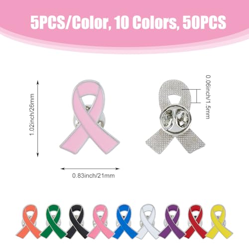 SUPERFINDINGS 50PCS 10 Colors Breast Cancer Awareness Lapel Pins Ribbon Enamel Pins Alloy Badges Hope Ribbon Lapel Pins for Charity Recognition Public Event2