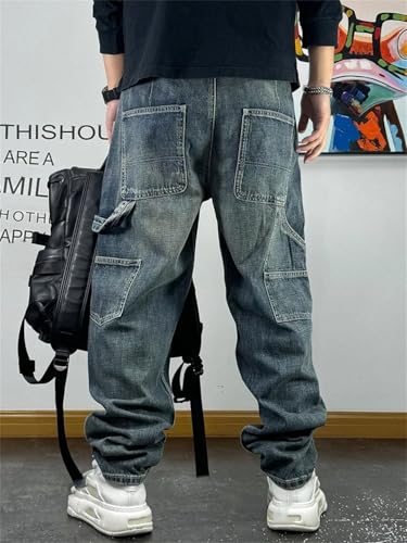 Men’S Streetwear Ripped Patch Baggy Denim Cargo Pants Slim Fit Full Length Button Fly Distressed Destroy Wash Jeans3