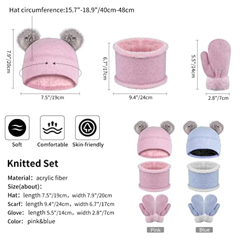 Kids Winter Hats Gloves Scarf Set - Toddler 3Pcs Knitted Mittens for Boys Girls Cold Weather Warm & Thick with Cute Fur Ball3