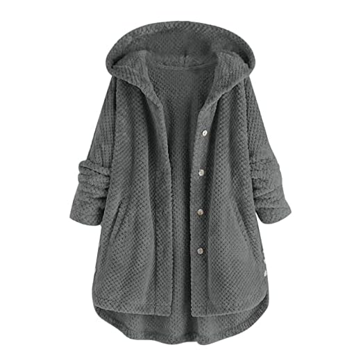Reißverschluss mit Kapuze Farbjacke Lässiger Langer Damenmantel Solider Damenmantel Cool Code Damen Mantel (Grey, XXXL)