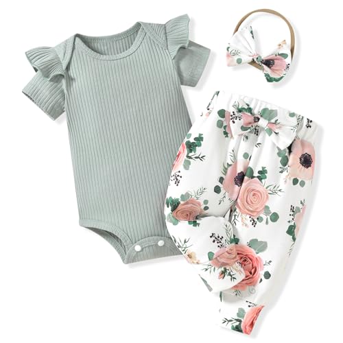 Image of Aalizzwell Baby Girls Ribbed Bodysuit Pants Outfits Spring Summer Clothes
