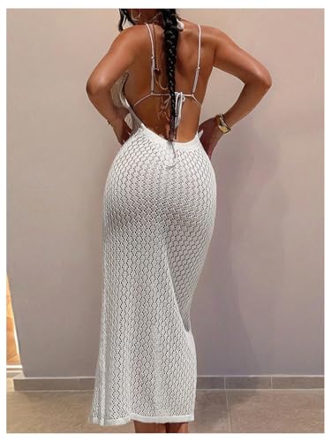 WDIRARA Women's 3D Floral Crochet Cover Up Hollow Out Halter Beach Dress High Slit Backless Swimwear Coverups2