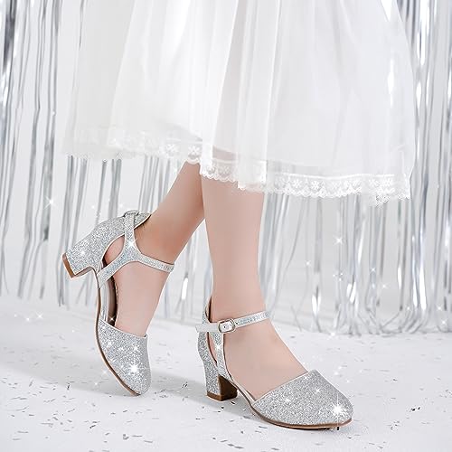 Image of LAURMOSA Girls Dress Shoes Closed Toe Pumps High Heels for Little Big Kid | Flower Shoes for Girls, 1.75-inch Chunky Heel, Ankle Strap, Closed Toe, Wedding, Party, Church, Graduation, First Communion