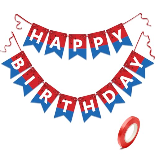 Image of Happy Birthday Banner Bunting, Swallowtail Design Sign for Backdrop Decor, Red and Blue Theme Birthday Decorations for Kids Boys, Hanging Decor 13pcs (Red)