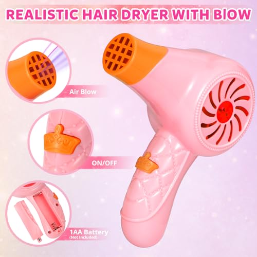 Hapgo Hair Salon Toys for Girls, 39 Pc Pretend Play Makeup Toys Set, Beauty Play Hair Styling Kit with Blow Dryer, Barber Apron and Scissors Accessories for 3-9 Year Old
