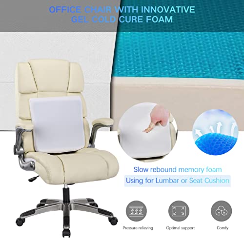 Kcream Office Chair With Memory Foam Back Support Flip-Up Armrests, Executive Chair Swivel Rolling Pu Leather Chair Home Office Desk Chairs Adjustable Height/Tilt, 300Lb Weight Capacity (Beige) #TOP4