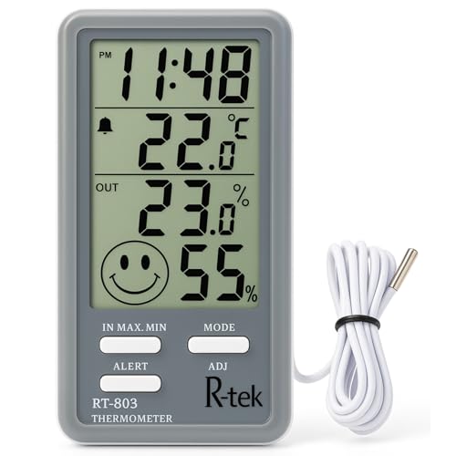 Image of R-TEK Digital Temperature Humidity Meter Hygrometer Thermo Room LCD Display Indoor Weather Sensor with Alarm Clock for Home Office Labs Monitoring Gauge Date time (RT-803)