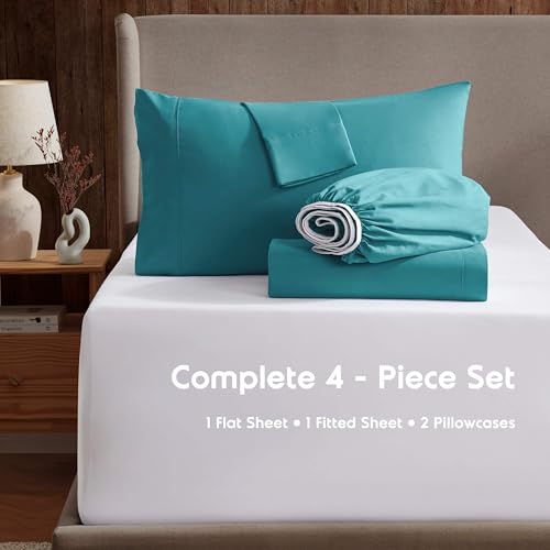 Image of Nestl Queen Bed Sheet Set - Teal - 4-Piece Deep Pocket | Instantly Soft, Night-One Ready (No Wash Required). Fits 16-Inch Deep Pockets, 360-Degree Elastic Grip