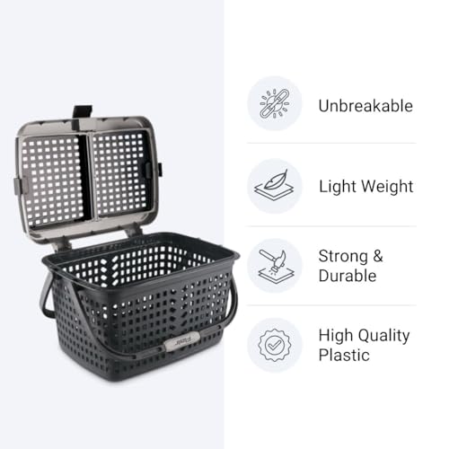 Image of FLAIR Dual Compartment Storage Basket Set of 3 - Sturdy Plastic Organizer with Handles & Lid | Plastic Multipurpose Trendy Shopping Big Basket | Ideal for Kitchen, Bathroom, Laundry & Toys (Grey)