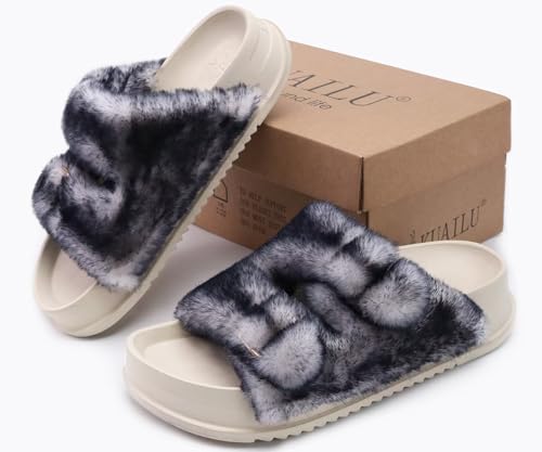Image of KuaiLu Women's Fluff Slippers Plantar Fasciitis Arch Support Platform Slippers Ladies Fashion Open Toe Faux Fur Sliders Womens House Slipper Size 6-12
