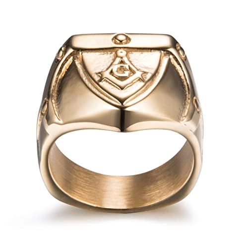 RobertDTesta Anillo De Sello Masónico para Hombre, Anillo De Acero Inoxidable Masónico Chapado En Oro Vintage Gótico,Oro,13