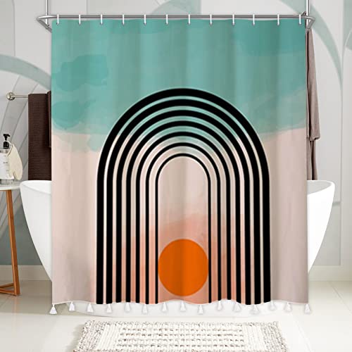 Bovlleetd Arched Sunset Shower Curtain with Tassel Mid Century Abstract Shower Curtain 12 Hooks Bathtub Decoration Blue and Beige Bathroom Curtain with Tassel Set Washable Bath Curtain 60x72inch - Image 2
