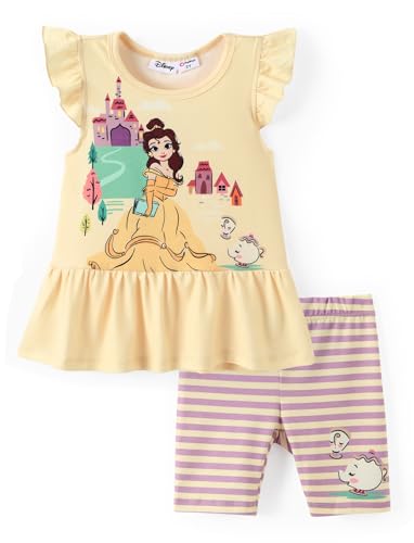 Disney Princess Toddler Girls Short Set Belle Girl Outfit Ruffle Sleeve T-Shirt and Striped Leggings 2PCS Clothing Sets Summer Casual Pullover Dailywear Yellow 4-5 Years