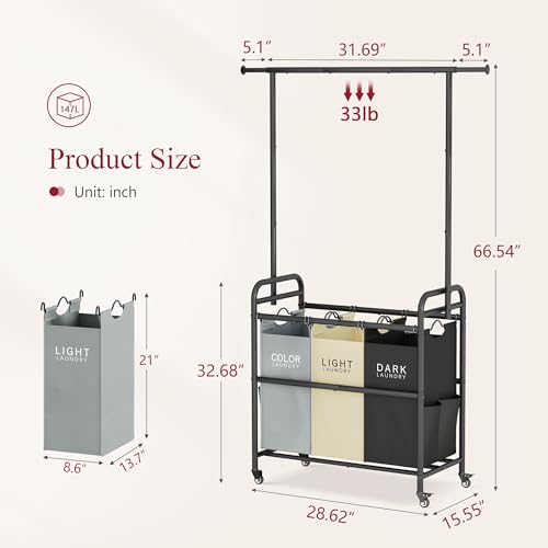 Tajsoon Laundry Sorter Cart with Hanging Clothes Rack, 3 Butler Sorter Basket Organizer, Laundry Hamper Cart with Heavy Duty Rolling Lockable Wheels, 3 Colors - Thumbnail 3