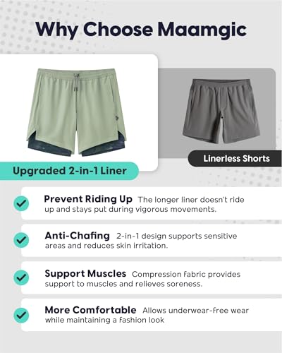 Image of maamgic Mens Workout Shorts 2 in 1 Stretch 5 inch / 7 inch Gym Shorts Running Shorts with Compression Liner Zip Pocket