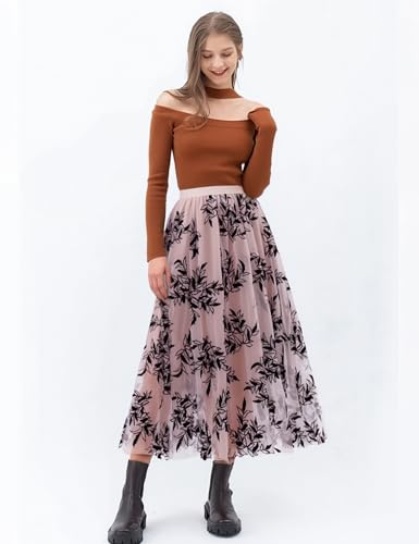 Flygo Women's Midi Long Tulle Skirts Dressy Casual Elegant A-Line Elastic Waist Foliage Embroidery Mesh Skirt4