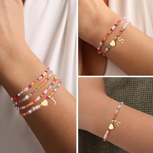 Colorful Initial Bracelets for Girls - 4PCS Gold Stretchable Boho Beaded Pearl Heart Initial Bracelets for Women Teen Girl Gifts Trendy Stuff Cute Stackable Jewelry Set Birthday Gifts4