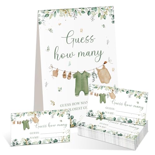 Lerheedi Woodland Guess How Many Baby Shower Game Pack of 1 Tabletop Sign with Stand and 50 How Many Cards Green Clothes Gender Reveal Party Game Decoration