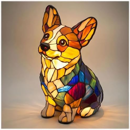Corgi and Pug Lamp, Stained Resin French Bulldog Tabletop Night Light, Cute Pet Dogs Themed LED Table Lamps with Warm Ambient Glow, Home Desk Decoration, Cool Art Dog Gift for Dog Lovers (Corgi B)
