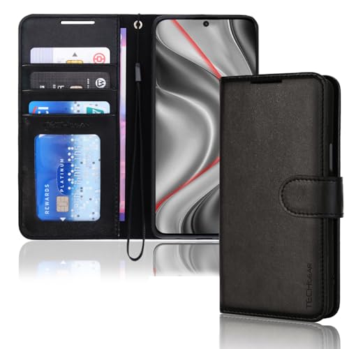 TECHGEAR Galaxy S24 Leather Wallet Case, Flip Protective Case Cover with Wallet Card Holder, Stand and Wrist Strap - Black PU Leather with Magnetic Closure Designed For Samsung Galaxy S24 / S24 5G