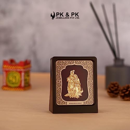 Image of Pk & Pk Jewellers Radha Krishna Ji Table Top | 24KT Gold | Rosewood Frame | Medium Size (For Premium Gift, Office Desk, Car Dashboard, Table Decoration), Religious