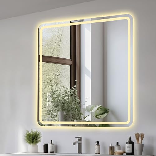 LED Mirror for Bathroom, Lighted Bathroom Mirrors Wall Mounted, 3 Colors Dimmable, Anti-Fog Features for All Decors, Memory Function Smart Mirror